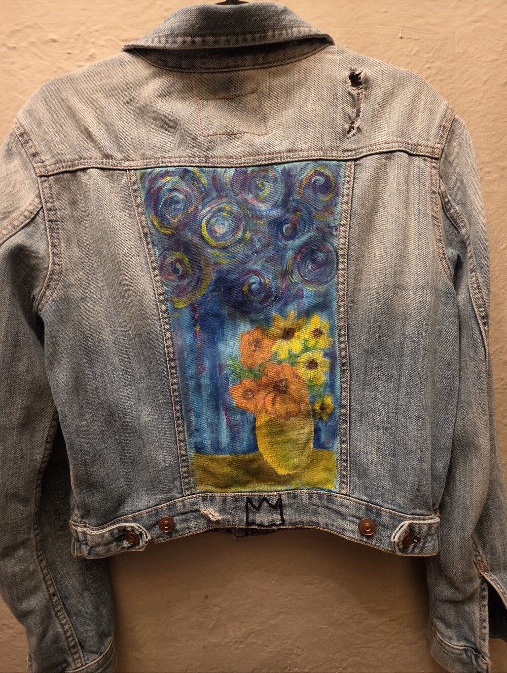 Hand Painted Van Gogh Sunflowers Denim Jacket Wearable Art Distressed S/M